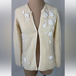 Vintage Cyn Les Ivory Floral Ribbon Beaded Embroidered Cardigan Sweater S
